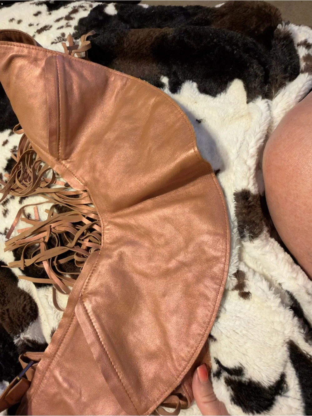 Fringed MetallicLeather Rose Gold Shoulder Bag
